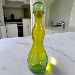 Vintage Hand Blown Green Colored Glass Decanter Bottle w Stopper 20” Tall Art