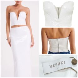 NWT Zariah Strapless Sequin V Corset top with Bodycon Fit Size S -White - MESHKI