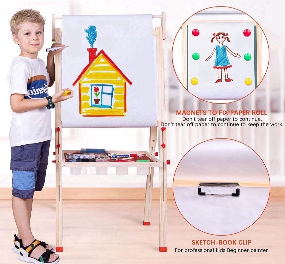 Kids Easel Child Easel with Paper roll Double Sized Blackboard Chalkboard