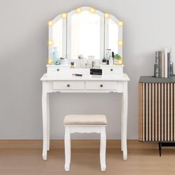 Vanity Table, Makeup Vanity Table with Lighted Mirror, Vanity Set with Padded Stool, Tri-Fold Bedroom Vanity, 4 Drawers, 2 Brush Slots and 2 Open Comp