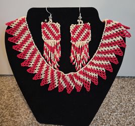 Red Cream Handmade Beaded Necklace And Earrings Set 