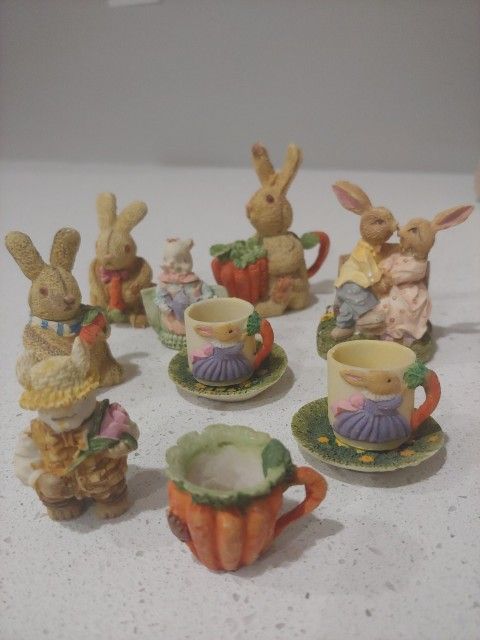 Vintage Miniature Tea Set Garden Bunny Rabbits Easter or cottagecore Or Spring decor
