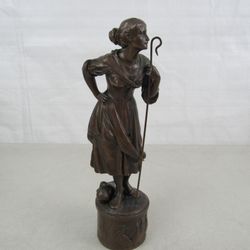 Vintage Art Deco Woman Geese Shepherd Metal Sculpture 11" Tall


