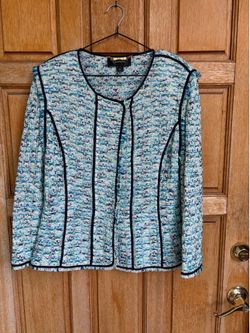 St John Couture Blue Multi Novelty Knit Fringe Hook Eye Jacket Women’s 14 USA