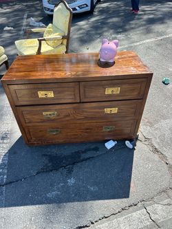3 pieces Late 20th Century Henredon Campaign Scene 1 Bachelors Chest Dresser and Henredon Campaign Mid Century Walnut and Brass Cabinet