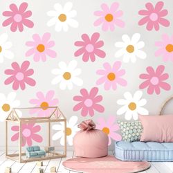 TaoBary 12-Pc Daisy Wall Decals – Pink & White Flower Stickers, Peel & Stick for Nursery & Bedroom