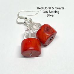 Red Genuine Coral & Quartz .925 Sterling Silver Earrings