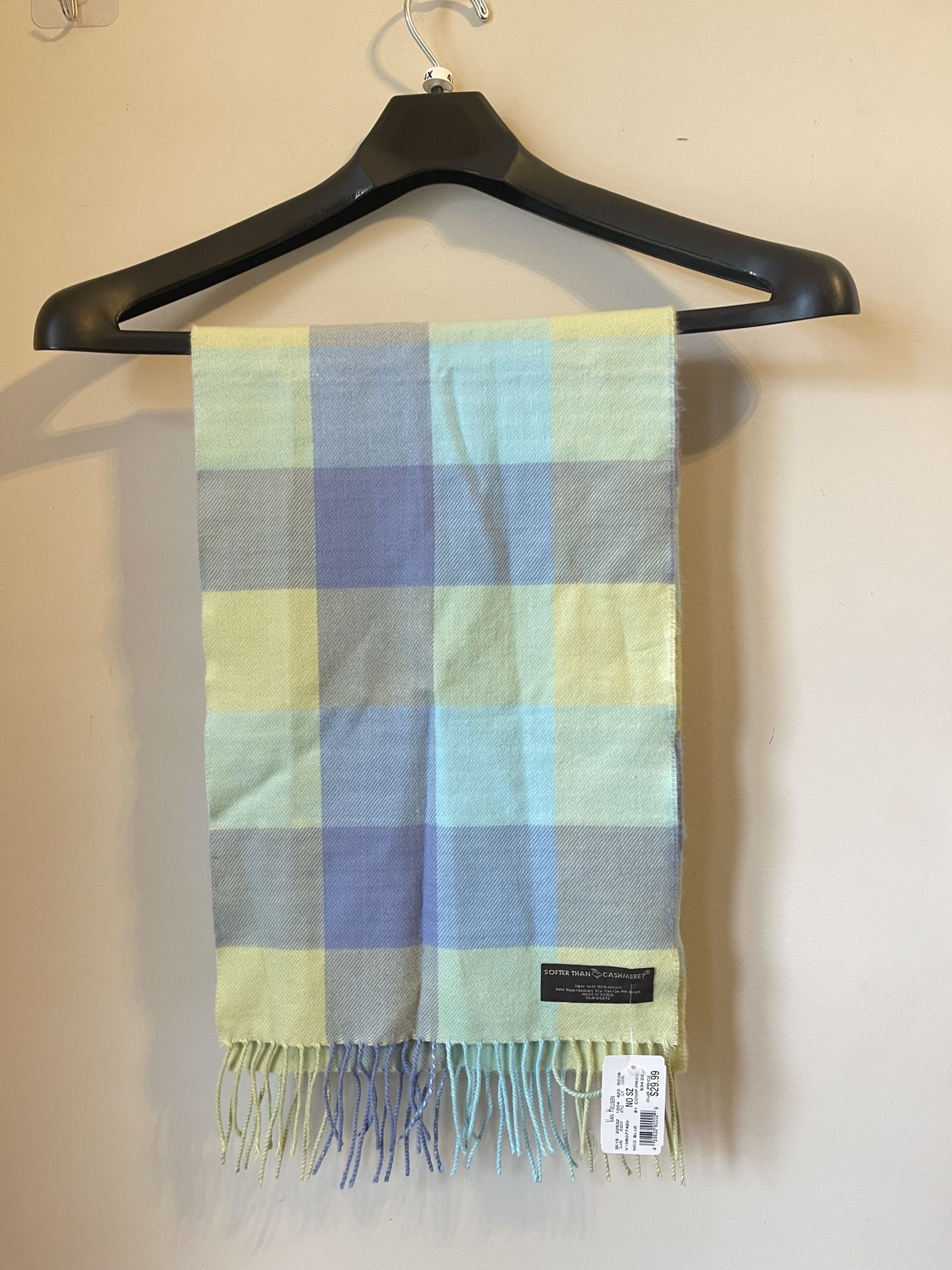 VAN HEUSEN Scarf Women 68 X 12" Fringed Plaid Squares Pastel NWT$34