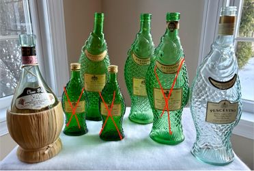 Vintage chianti and large green fish shaped bottles empty Lowest Price $10