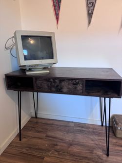 Industrial Writing Desk with Drawer & Storage – Hairpin Legs