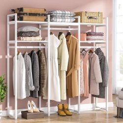 All White Freestanding Garment Rack with Hang Rod and Storage Shelves