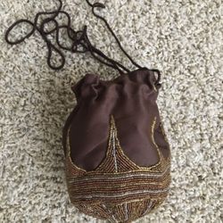 Embroidered purse with bugle beads and drawstring top/Polyester satin