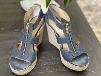 Designer Blue Wedge Shoes, Size 9.5