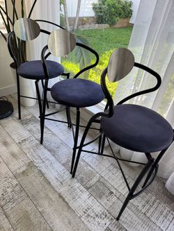 Set of 3 Vintage Postmodern Bar Stools – Metal & Upholstered