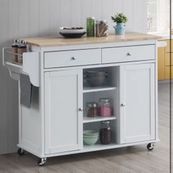 White Kitchen Island Cart w/wood carving table
