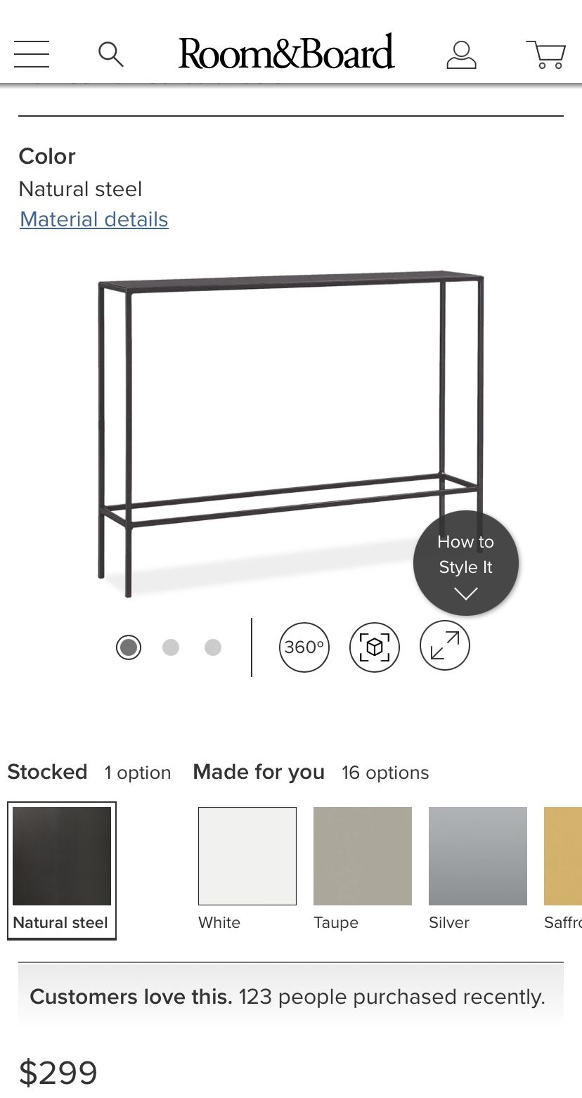 Room and Board slim 40w 8d 29h Console Table natural steel