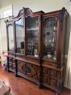 Ornate Traditional Lighted Breakfront China Cabinet with Burl Wood Panels