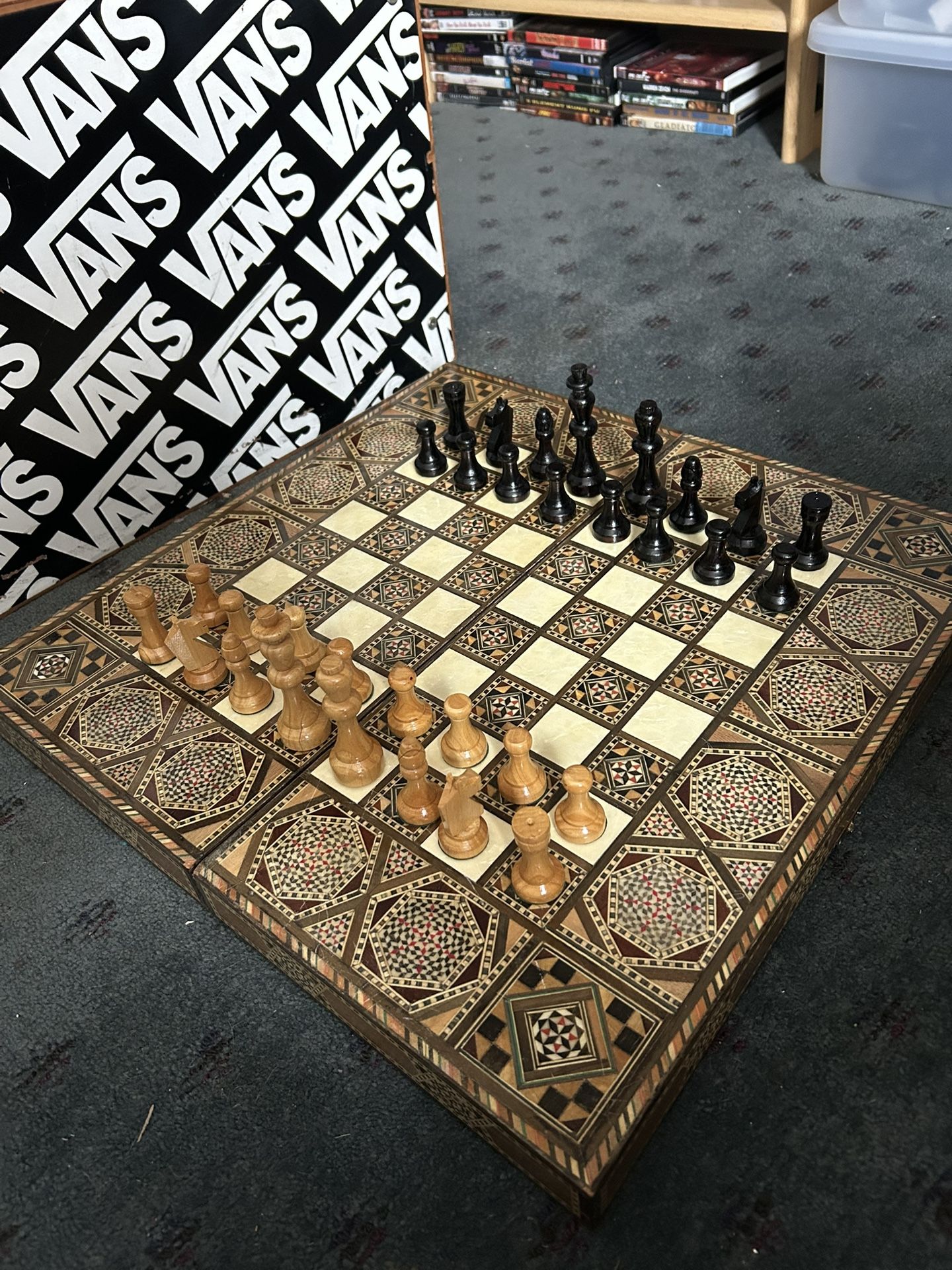 Vintage middle eastern Backgammon Chess Checkers Board Box Handmade Wood Inlay with Mother of Pearl