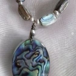 Vintage Sterling silver Abalone Necklace,  disk pendant with abalone and pearl beads