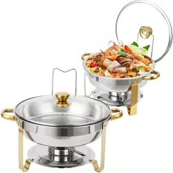 Chafing Dishes for Buffet, 5QT Buffet Servers and Warmers Set of 2, Stainless Steel Round Chafer Set with Glass Lid & Lid Holder, Gold, NEW