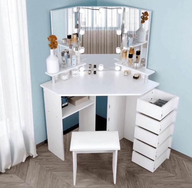 New white Corner Vanity Desk With Lights