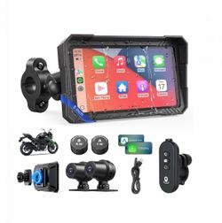 Motorcycle CarPlay 5” Touch Screen Waterproof GPS, Wireless Android Auto, 2K Dash Cam, Bluetooth, App Voice Control, TPMS