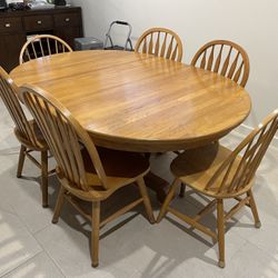 Solid Wood Pedestal Dining Table w/ Leaf + Chairs