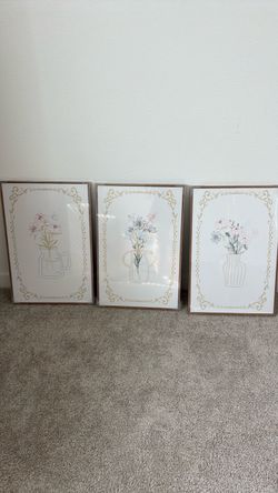 KISSFOX 3 Piece Floral Framed Wall Art Flower Pictures Wall Decor Wildflowers Canvas Wall Art Green Boho Botanical Paintings for Girly Room Bedroom Ap