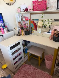 White Vanity Desk with Mirror and Drawers