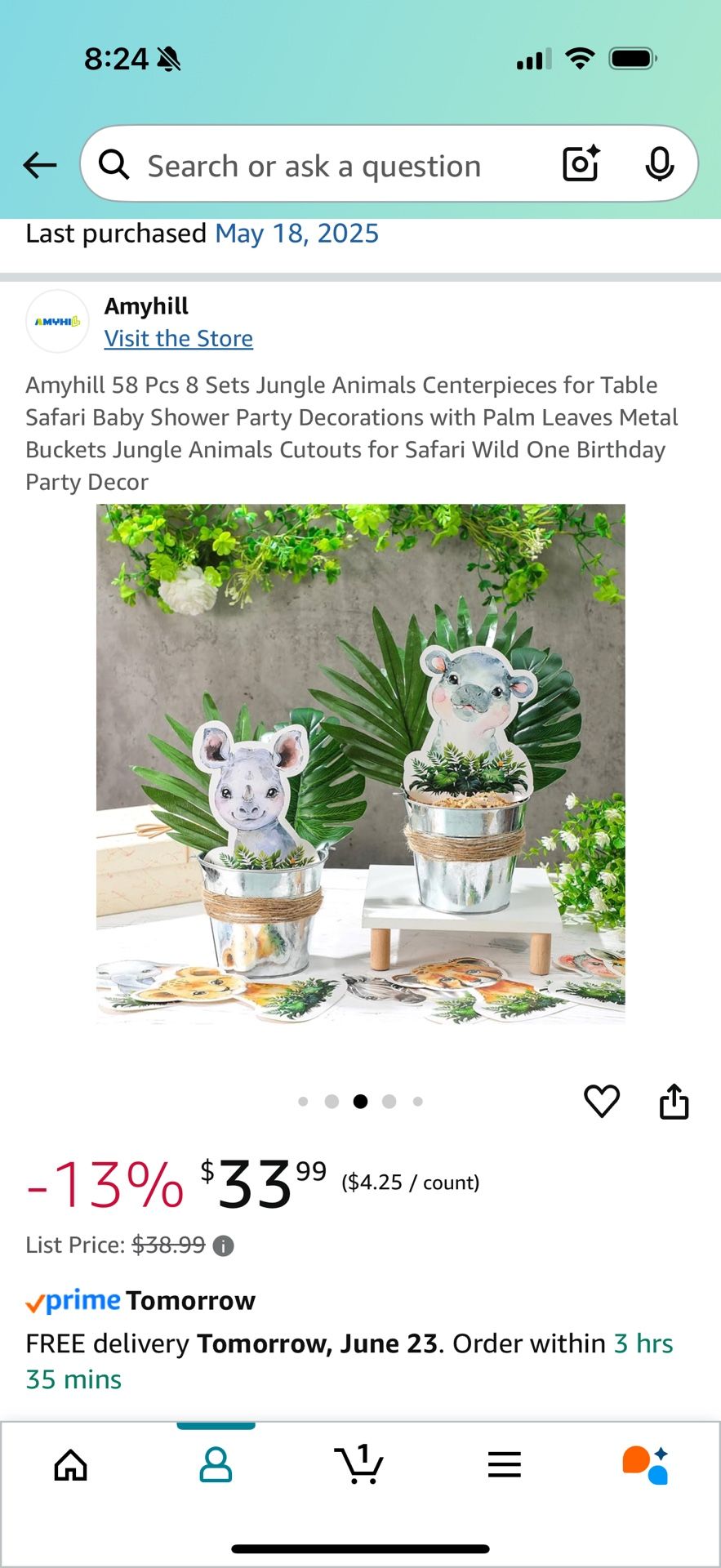 Amyhill 24 Sets Sets Jungle Animals Centerpieces for Table Safari Baby Shower Party Decorations with Palm Leaves Metal Buckets Jungle Animals Cutouts