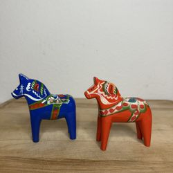 Vintage Swedish 4" Wooden Dala Horse, Original Stickers, Set Of 2