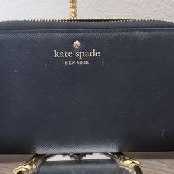 KATE SPADE NY BLACK SAFFIANO GENUINE LEATHER LOGO ZIP AROUND CARD WALLET CLUTCH
