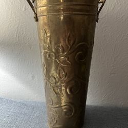 Vintage Embossed Brass Flowerpot Floral Design Double Handles Planter Brass Storage Bucket