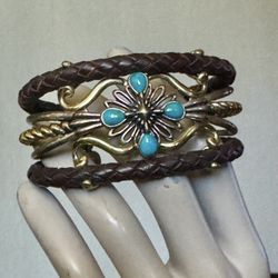 Carolyn Pollack American West 925 Sterling Silver Brass Leather Wrap Turquoise Cuff Bracelet  Great Used Condition 