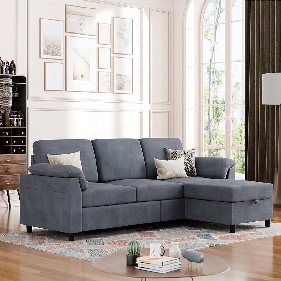 New Mid Century 79" Convertible Sectional Sofa, 3 Seater L Shaped Couch with Removable Linen Fabric Pillows, Mid Century Small Sofa for Living Room, A