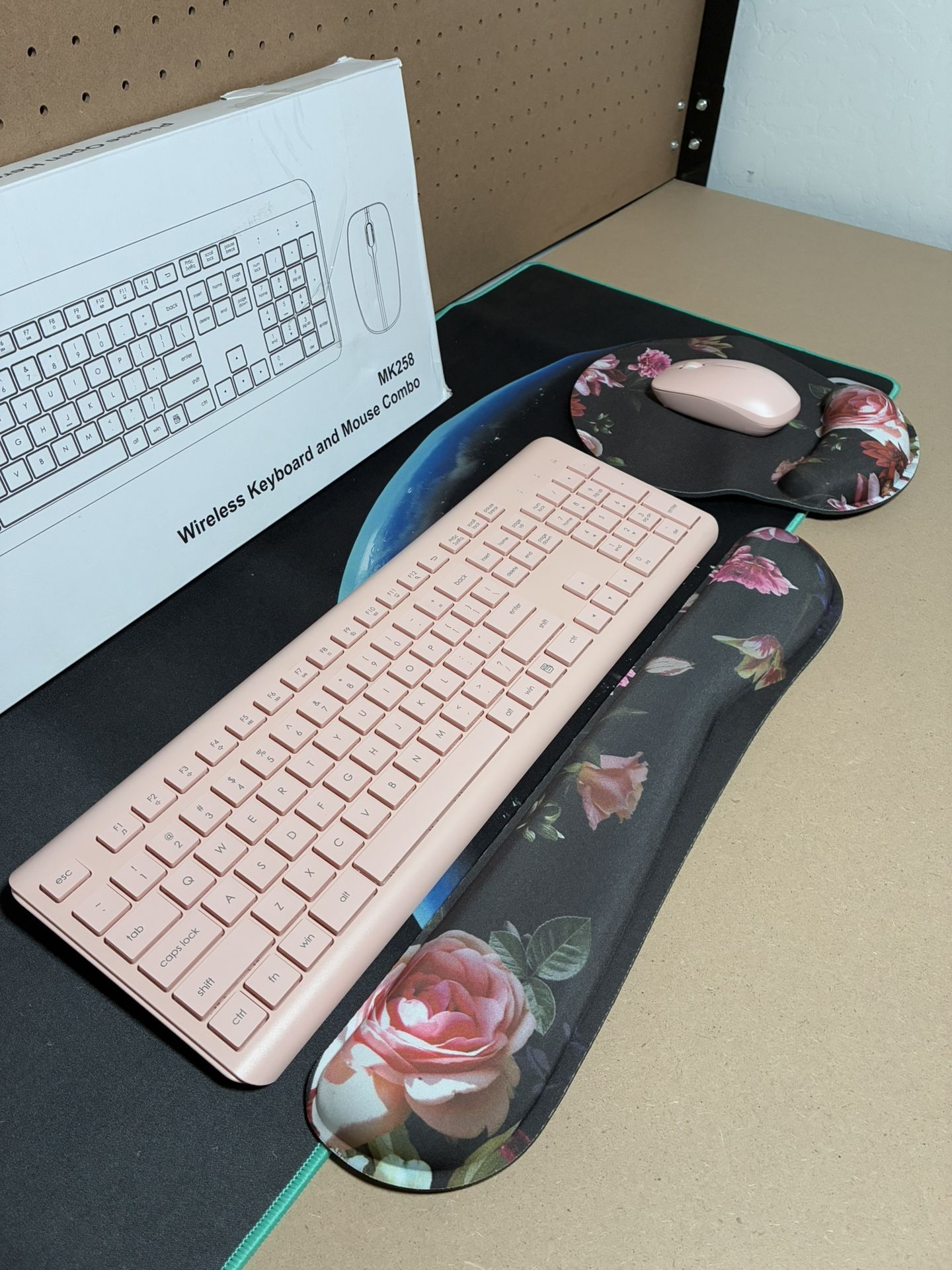 Pink Wireless Keyboard & Mouse, W/ Wrist Rest & Mouse Pad