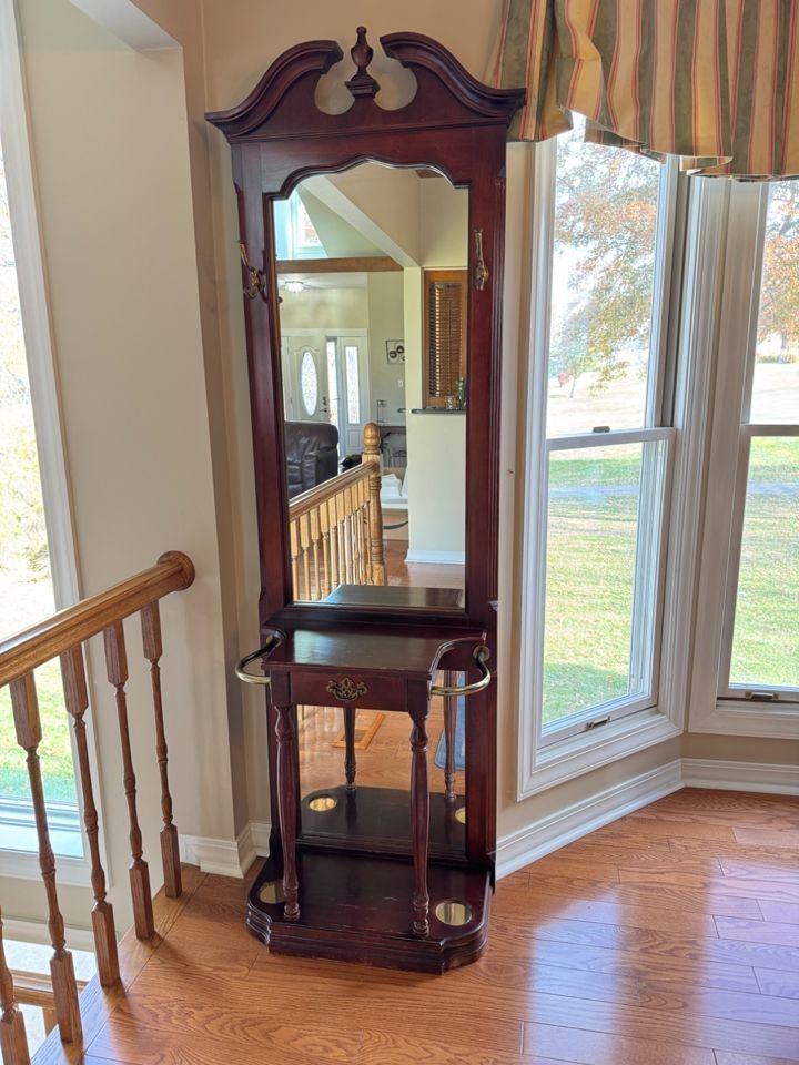 Brown Hall tree with coat hooks and umbrella holder for sale β