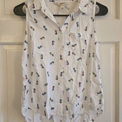 Women's Size Small Arizona Jean Co White Button Up Shirt Top Rainbow Pineapple Sleeveless 