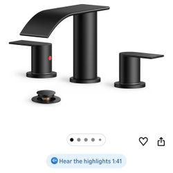 FORIOUS Black Square Bathroom Faucets 3 Hole, Waterfall Bathroom Sink Faucet with Metal Pop-up Drain and Supply Lines, Two Handles for Vanity, RV, Far