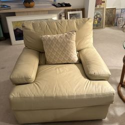 Beige Or Cream Colored Leather Chair W Ottoman