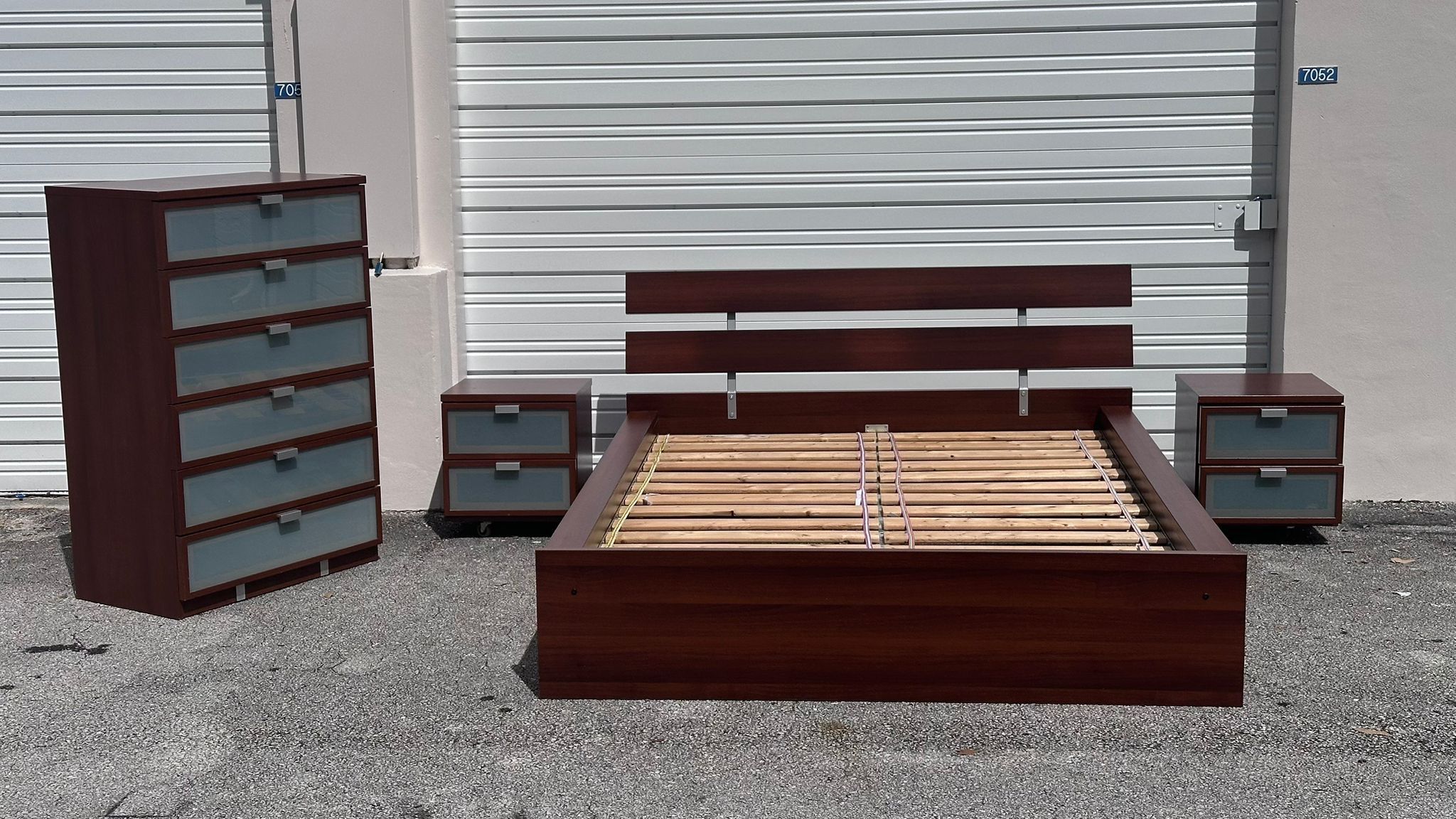 IKEA QUEEN SIZE  BEDROOM SET W PLATFORM BED W CHEST & 2 NIGHTSTANDS - delivery is negotiable