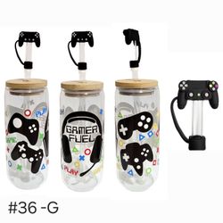 Gamer Clear Glass Tumbler Cup 20 oz UV DTF Black Design Glass Straw