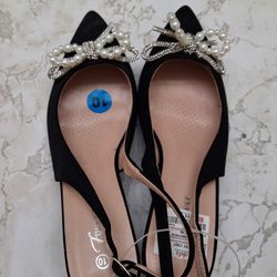 Pearl Bow Black Slingback Sandals