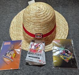 Round 1 One Piece English Promo Cards - Full Set of 10 + Keychains & Hat!