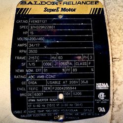 15 HP Motor 220V Baldor Reliance Super E Dust collector motor