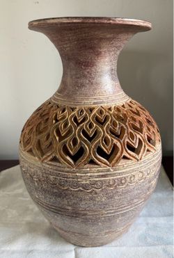 Large Rustic Open-Work Terracotta Pottery Vase (Moving Sale)