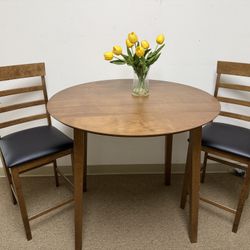 Fully assmbled 3pcs Retro Round Counter Height Drop-Leaf Table Set Brown Wood