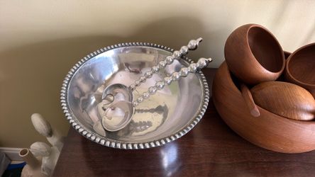 Pewter Salad Bowl Set with Serving Spoons