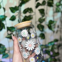Flower Glass Cup 16oz with Straw, Lid, and Straw Cleaner! 