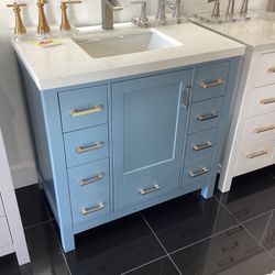36” Light Blue Solid Wood Vanity With Soft Close Drawers And Quartz Top